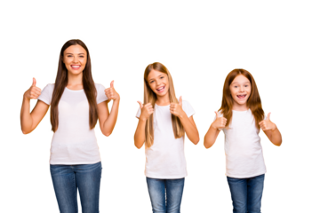 Pretty three sister ladies giving quality approval to new tested product wear casual outfit isolated yellow background