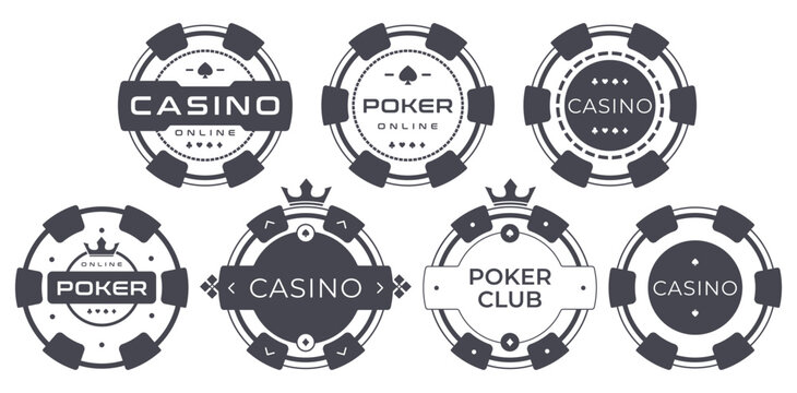 Set of monochrome solid linear casino and poker chip icons isolated on white background. Perfect for online games, gambling platforms, mobile apps, and branding design
