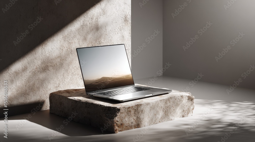 Aufkleber laptop displaying desert landscape on stone platform, illustrating digital nomad lifestyle and remot