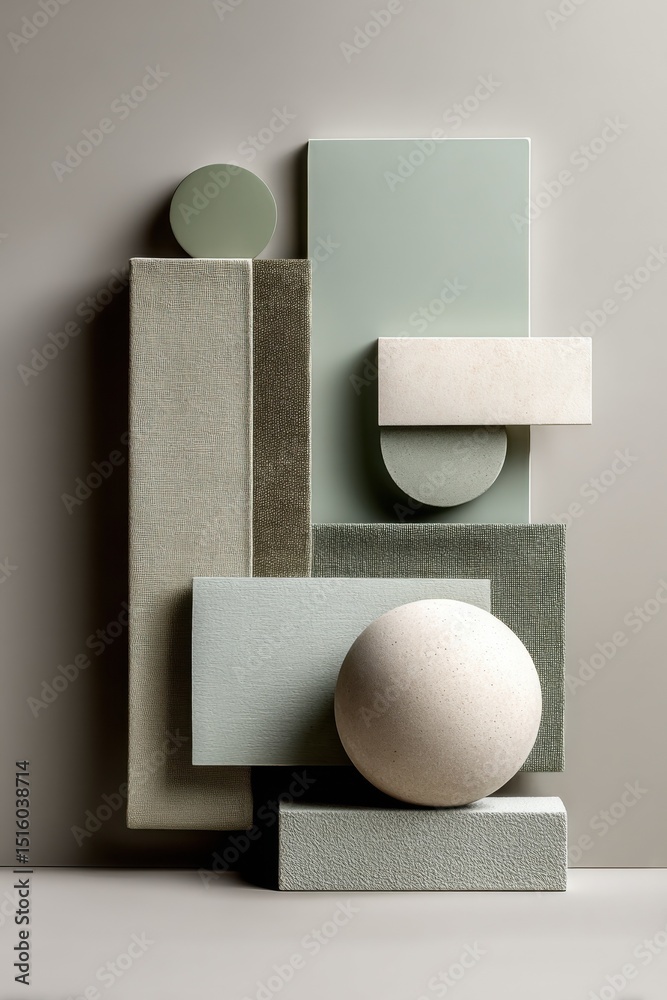 Poster geometric shapes and textured surfaces in muted green tones, ideal for interior design mockups and c