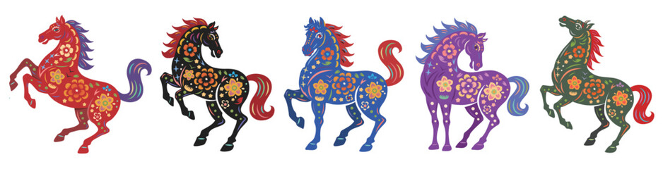 2026 Chinese New Year Zodiac set, Traditional Colorful Paper Cut Style Horse with Floral Patterns on White