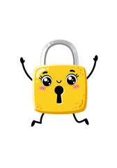 Obraz premium Cute Cartoon Padlock Illustration: Happy Jumping Lock png, transparent background