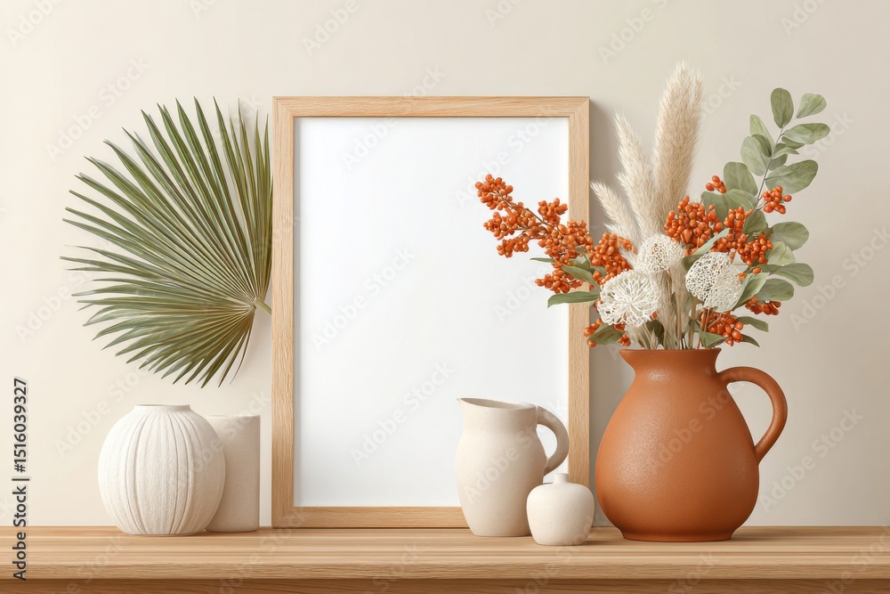 Poster blank frame mockup with floral arrangement on shelf, ideal for interior design showcase and creative