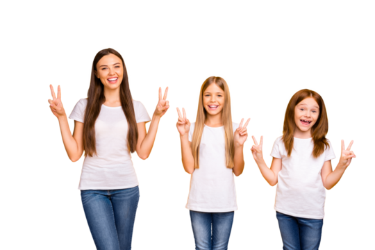 Pretty three sister ladies in positive mood showing v-sign symbols wear casual outfit isolated yellow background