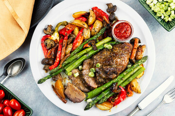 Sliced baked duck breast, barbecue.
