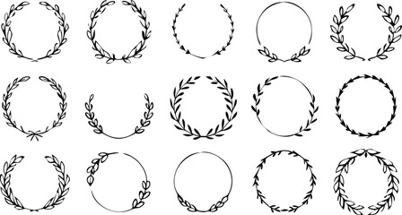 Collection of different black and white silhouette circular laurel foliate and oak, wreaths depicting an award, heraldry, achievement, victory, crown, winner, ornate,Vector icon illustration.