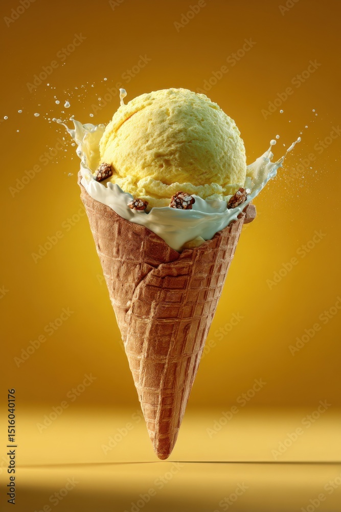 Poster vanilla ice cream cone with nuts and milk splash on yellow background, representing summer indulgenc