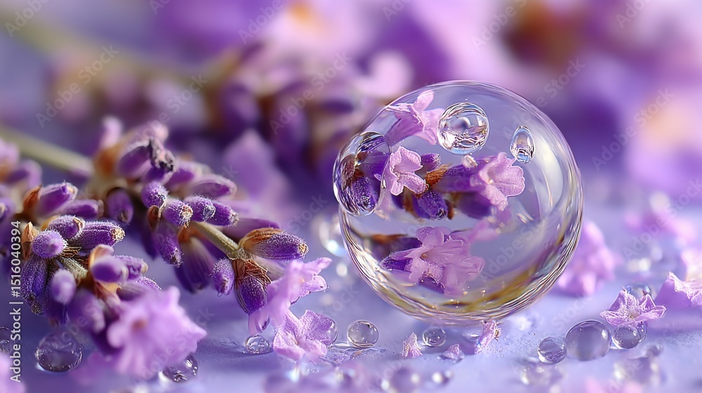 Poster lavender flowers reflected in glass sphere, representing aromatherapy and natural wellness in a spa 