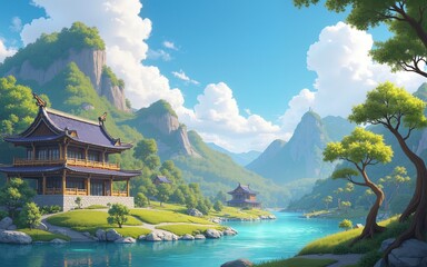 Fototapeta premium 緑と黄色の草原が広がり、穏やかな青空の下で静かな風景が楽しめる場所。. High quality