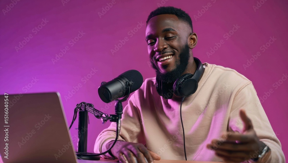Aufkleber smiling african american man recording a podcast with microphone and laptop, representing communicat