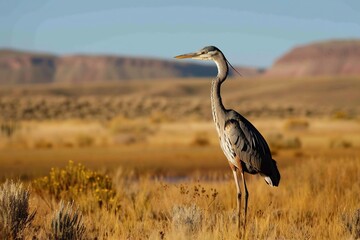 Gray Heron Standing in Desert Landscape with Mountains