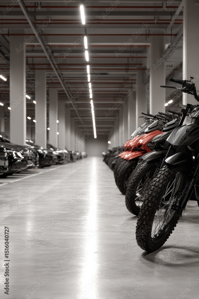 Poster row of motorcycles parked in warehouse, emphasizing logistics and distribution efficiency for transp