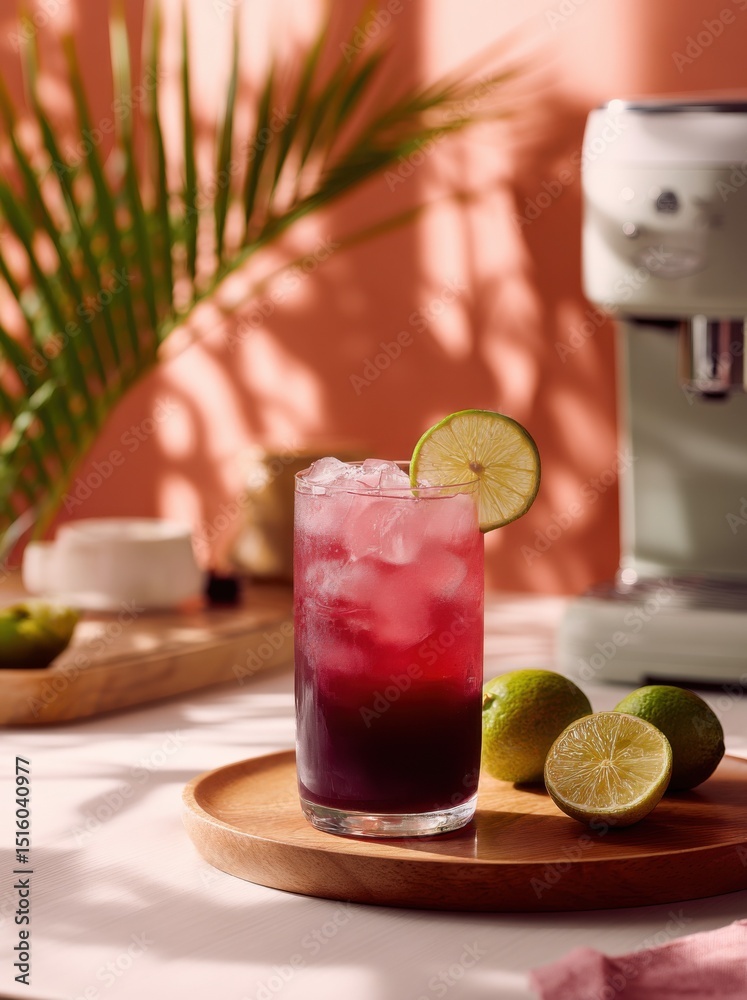 Poster refreshing red cocktail with lime and ice on wooden tray, ideal for summer refreshment and promoting