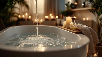 Water Filling Bathtub With Candles and Essential Oils, Promoting Relaxation and Self-Care in a Luxurious Spa Setting : Generative AI