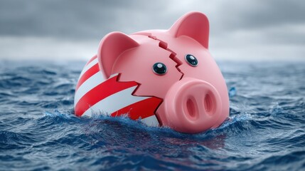 Cracked Piggy Bank Floating in Ocean Waves, Symbolizing Financial Crisis and Investment Risk, Ideal for Finance and Insurance Advertisements : Generative AI