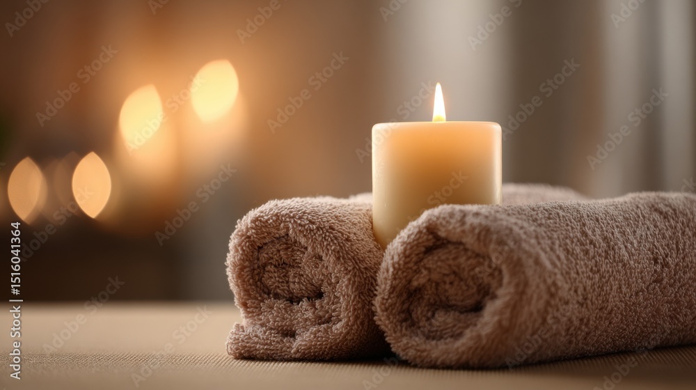Poster rolled towels and lit candle in spa setting, representing relaxation and wellness retreats for self-