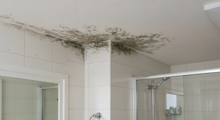 Mildew stains on bathroom ceiling with growth in modern shower  