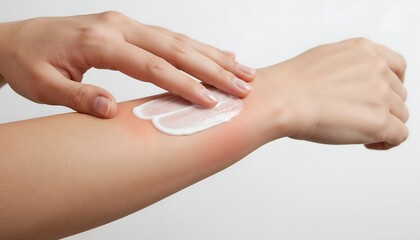 Woman applying cream to rash on forearm with gentle touch  