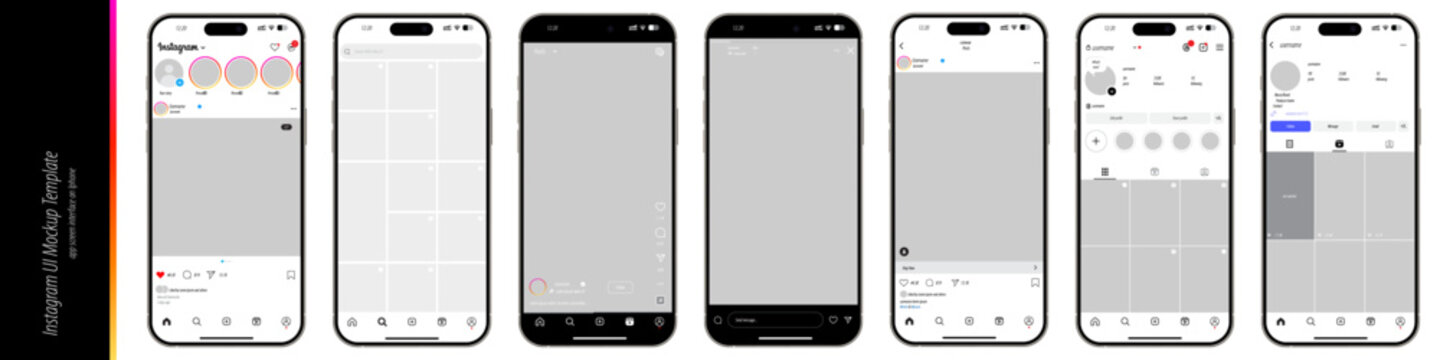 Instagram UI mockup. Social media mock up template. Set Instagram app interface template on iphone smartphone