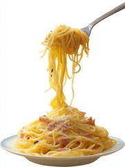 Fork Lifting Carbonara Pasta in Studio Shot, Representing Culinary Arts and Food Presentation for Restaurant Menu Design and Recipe Inspiration : Generative AI