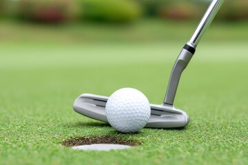 Golf ball and putter on green next to hole, ready for the final putt, on a sunny day.