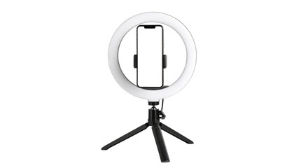 Smartphone Mounted on a Ring Light with Tripod for Video Recording or Live Streaming isolated on solid white background Png