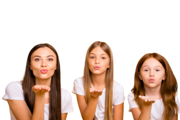 Photo of three coquette sister ladies sending air kisses wear casual white t-shirts isolated yellow background