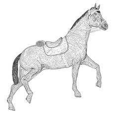 A horse is shown in a black and white drawing. The horse is standing with its head up and its legs spread out. The horse is wearing a saddle and he is galloping. The image has a sense of freedom