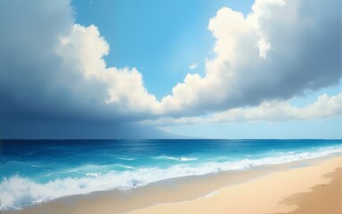 Fototapeta premium An abstract painting depicting a coastal scene with a blue ocean, sandy beach, and a cloudy sky. High quality