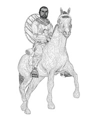 A man is riding a horse with a shield on his back. The man is wearing a helmet and a vest. The horse is white and has a black mane. The man is standing on the horse's back and is looking ahead