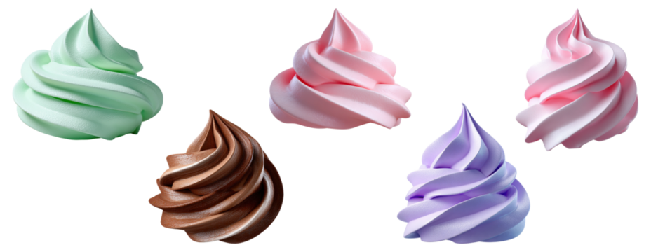 Collection of colorful whipped cream swirls in assorted pastel flavors