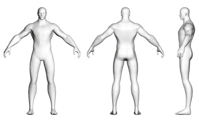 Three different views of a man's body. The first is a full body shot, the second is a front view, and the third is a side view. The man is dressed in all white, and the images are in black and white