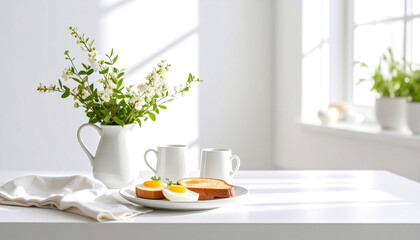 Breakfast plate with eggs and toast, coffee cups, and flowers on a white table in a sunlit room.