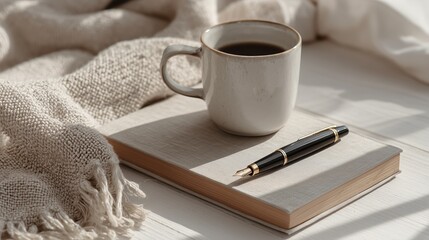 Ceramic coffee mug on linen book with natural morning light