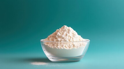 An aesthetically pleasing image of a bowl filled with white flour sitting on a vibrant turquoise backdrop, emphasizing minimalism and culinary themes.