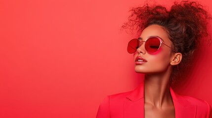 Fashionable woman wearing striking red sunglasses against a vibrant red background, exuding confidence and style, embodying modern trends in elegance and sophistication.