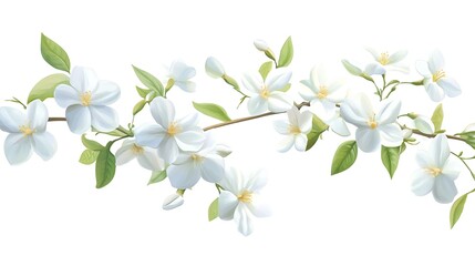 Fototapeta premium Serene branch showcases elegant white blossom clusters and fresh green leaves against a transparent backdrop