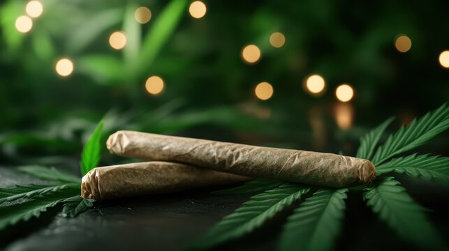This image features two cannabis joints placed on lush green leaves, promoting a relaxed vibe and an alternative lifestyle associated with natural and herbal products.