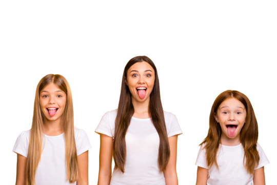 Photo of three different age ladies fooling around together wear casual white t-shirts isolated yellow background