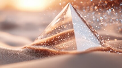 A stunning crystal-like pyramid emerges from a soft sandy surface, glimmering in the sunlight, symbolizing elegance, mystery, and the beauty of abstract art in nature.