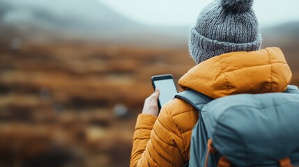 A lone hiker in a yellow jacket checks their phone against a stunning misty mountain backdrop, capturing the spirit of adventure and exploration in challenging nature.