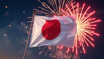 Vibrant and patriotic stock photo of Japan's national flag with fireworks, perfect for promotional materials and cultural events.