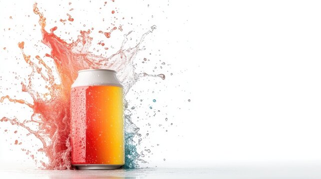 A vibrant soda can bursts with colorful liquid, creating an artistic splash that conveys energy and refreshment, perfect for highlighting fun and excitement in beverages.