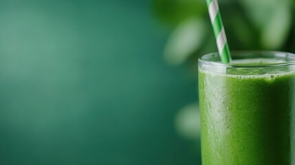 A refreshing green smoothie in a tall glass, showcasing its vibrant color, symbolizes health, vitality, and the nutritious benefits of green ingredients for overall wellness.