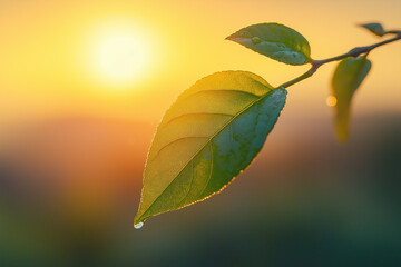 A glowing dew drop clings to a green leaf at sunrise, captured in perfect macro focus, radiating purity and calm through minimalist, high-end visual storytelling.