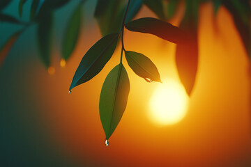 A glowing dew drop clings to a green leaf at sunrise, captured in perfect macro focus, radiating purity and calm through minimalist, high-end visual storytelling.