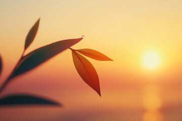 A glowing dew drop clings to a green leaf at sunrise, captured in perfect macro focus, radiating purity and calm through minimalist, high-end visual storytelling.