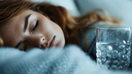 A serene close-up of a woman sleeping peacefully, with a glass of water nearby, representing tranquility, relaxation, and self-care in a cozy environment.