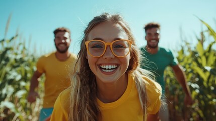 A group of happy friends runs through a sunny cornfield, showcasing the spirit of adventure, youthfulness, and the happiness of friendship against a vibrant summer backdrop.