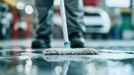 A worker mops a shiny floor in a modern facility, showcasing the importance of cleanliness and maintenance in work environments, emphasizing dedication and professionalism.